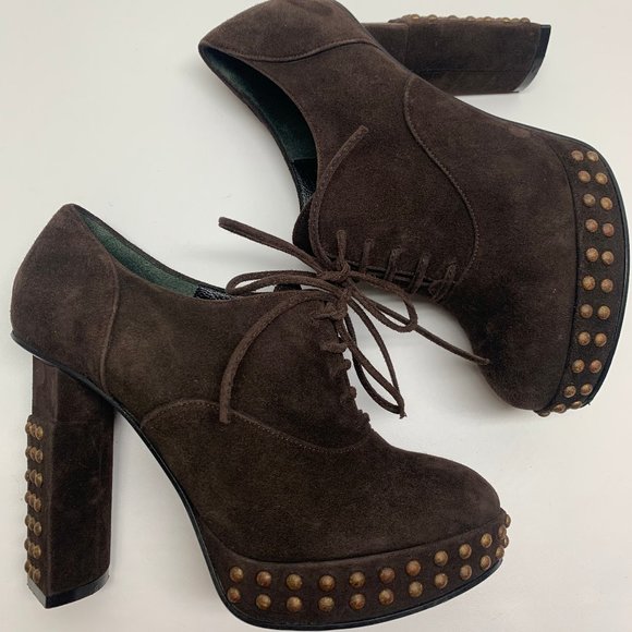 FENDI Chocolate Brown Suede Studded Heeled Lace Booties 35.5 US 5.5 - Picture 1 of 11